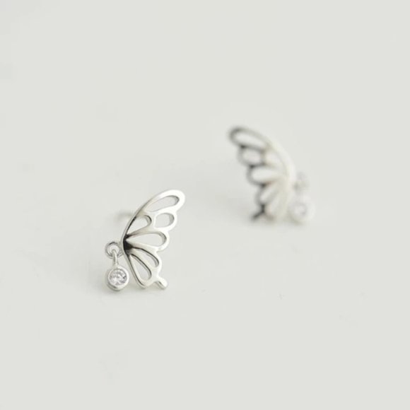 14k Gold Diamonds Butterfly Stud Earrings Sterling Silver - Picture 3 of 8